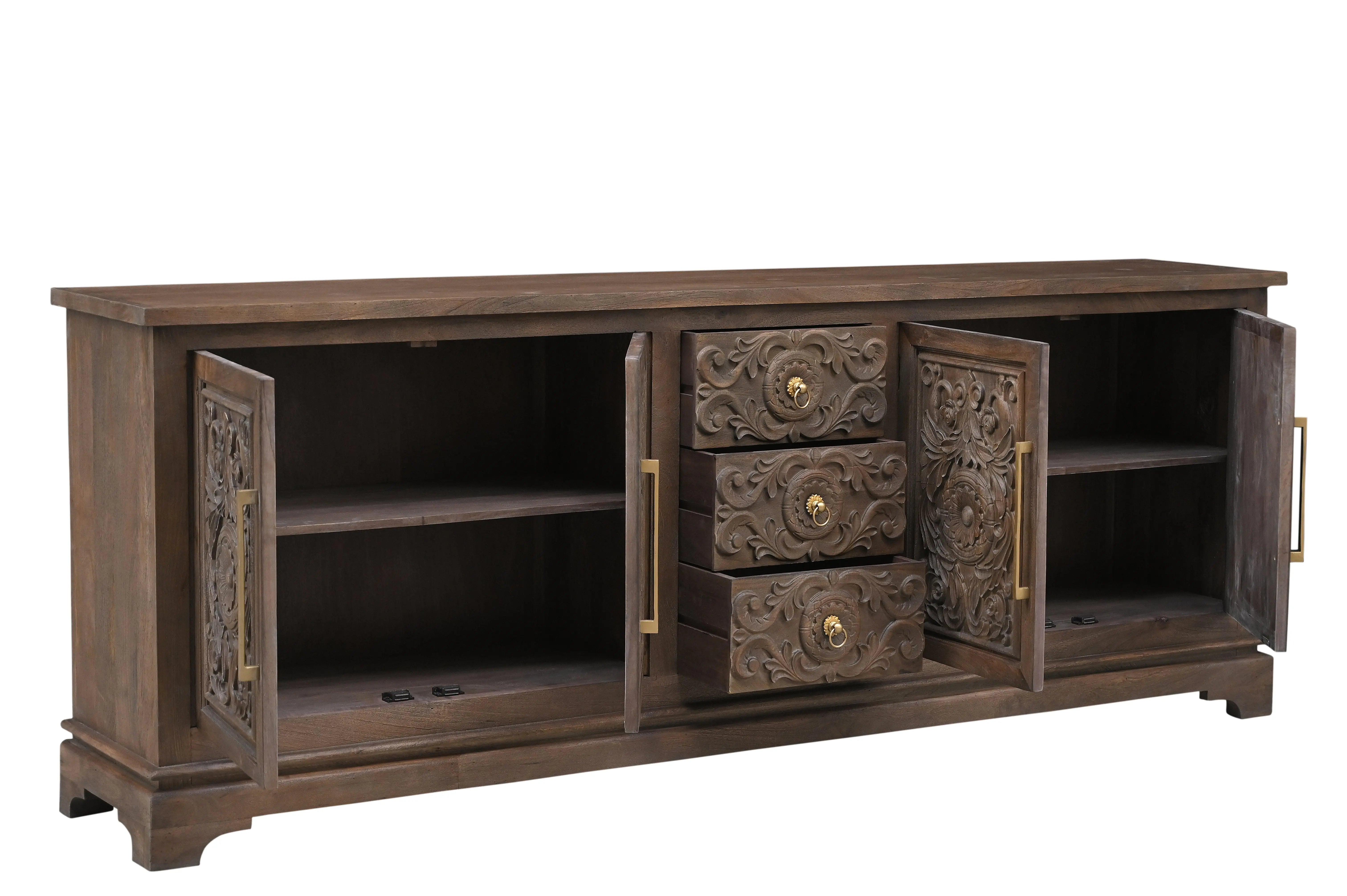 106" Brown Distressed Solid Wood Carved Floral Three Drawer Sideboard with Four Doors Homeroots Kitchen & Dining