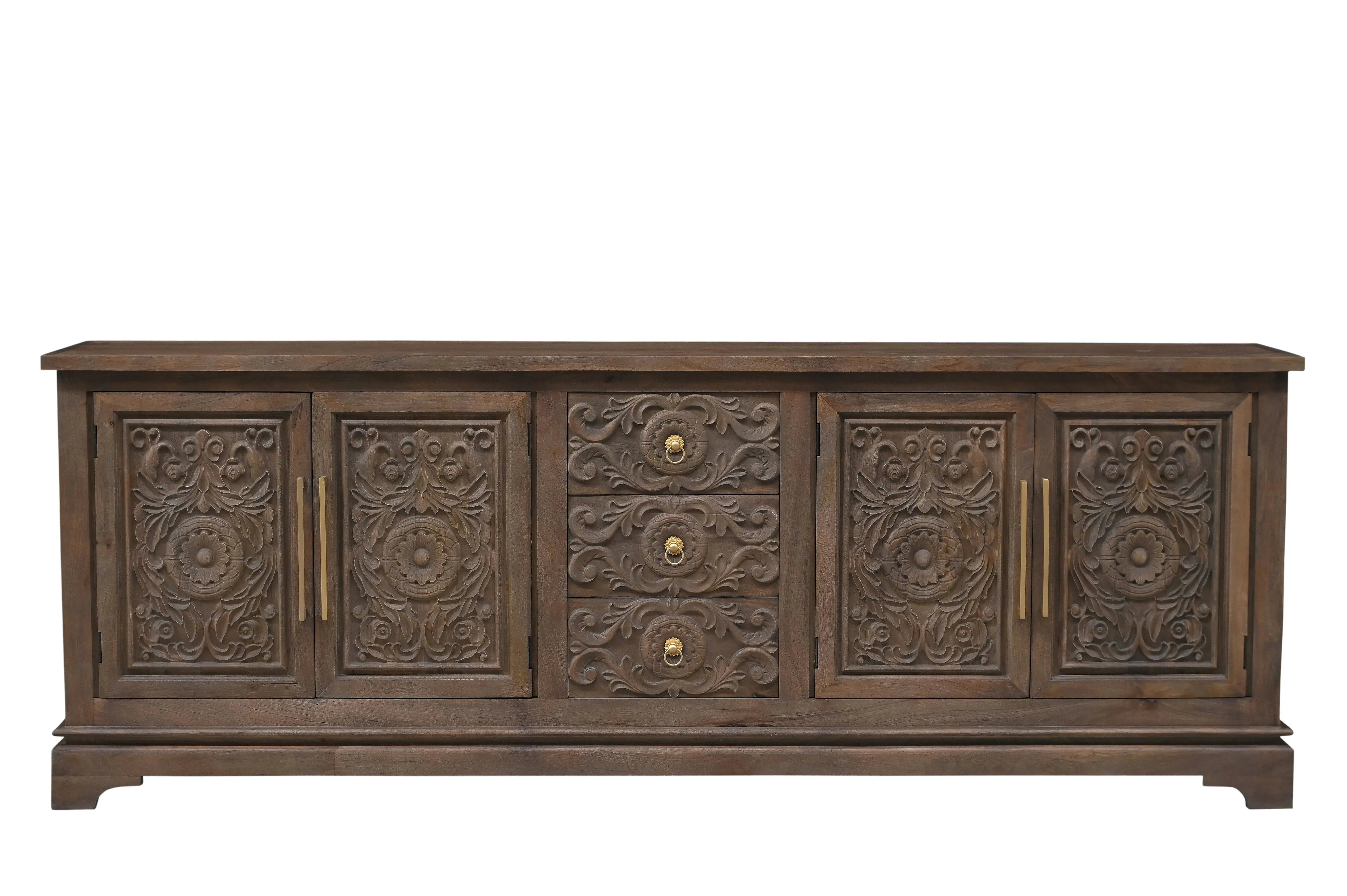 106" Brown Distressed Solid Wood Carved Floral Three Drawer Sideboard with Four Doors Homeroots Kitchen & Dining