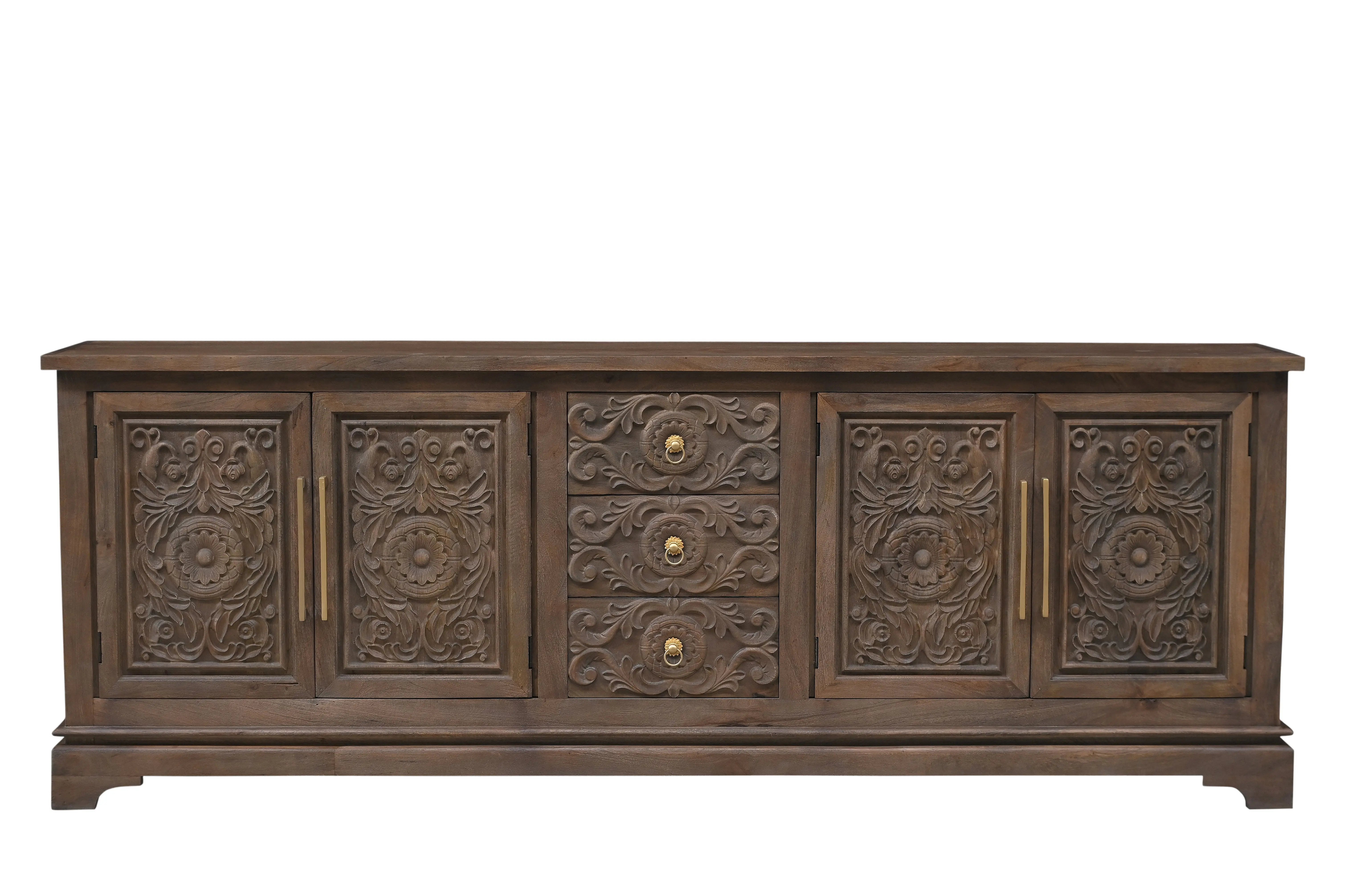 106" Brown Distressed Solid Wood Carved Floral Three Drawer Sideboard with Four Doors Homeroots Kitchen & Dining