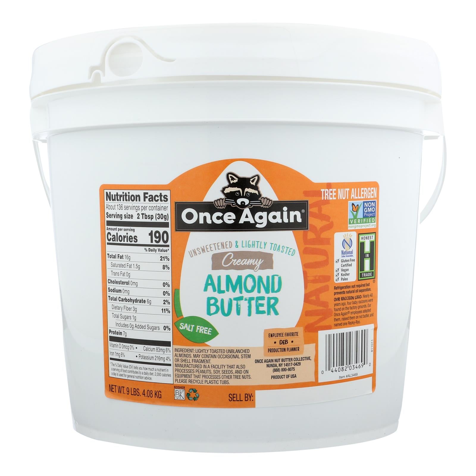 Once Again Natural Butter Smooth Almond - Single Bulk Item - 9lb - GreatEagleInc
