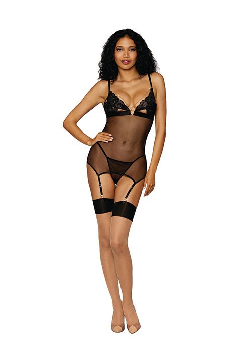 Lace & Mesh Garter Slip Set W/ Gold Hardware Black O/s - GreatEagleInc