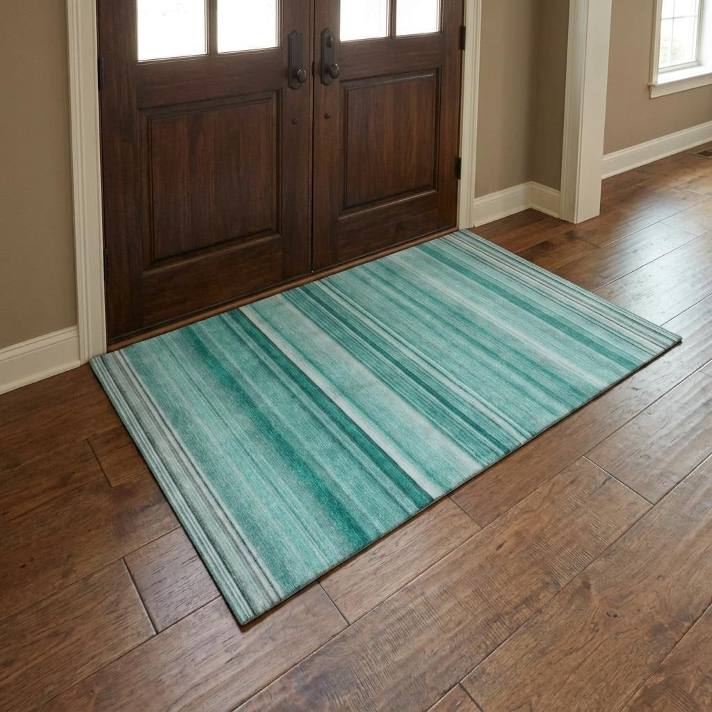 3' X 5' Aqua And Gray Striped Shag Washable Area Rug With UV Protection - Home & Garden