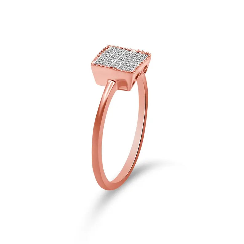 10K Rose Gold 1/3 Cttw Invisible Set Princess Cut Diamond Composite Square Shape Ring for Women (H-I color, I1-I2 clarity) Luxcom