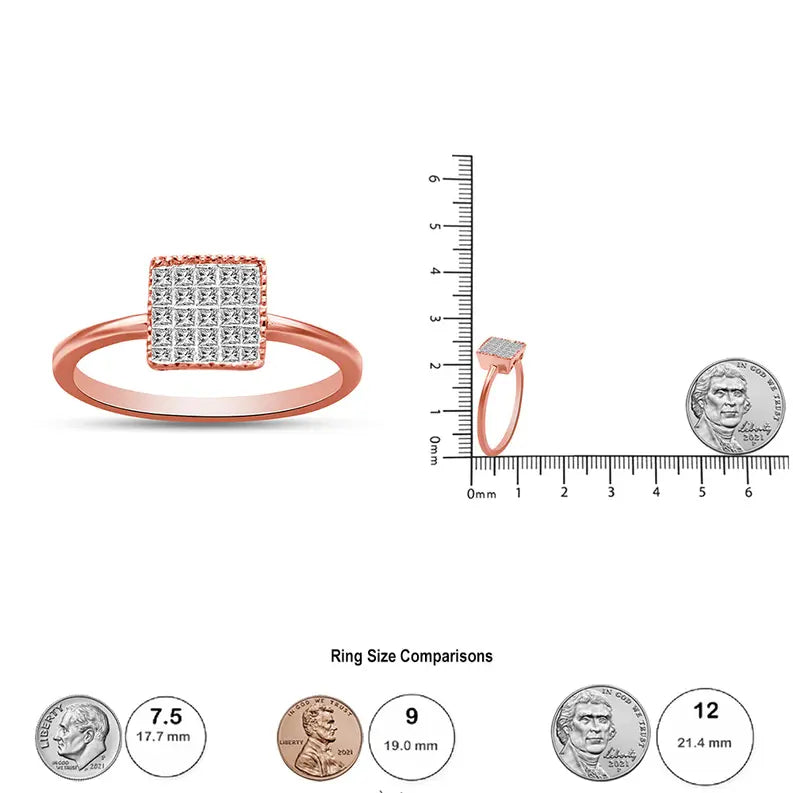 10K Rose Gold 1/3 Cttw Invisible Set Princess Cut Diamond Composite Square Shape Ring for Women (H-I color, I1-I2 clarity) Luxcom
