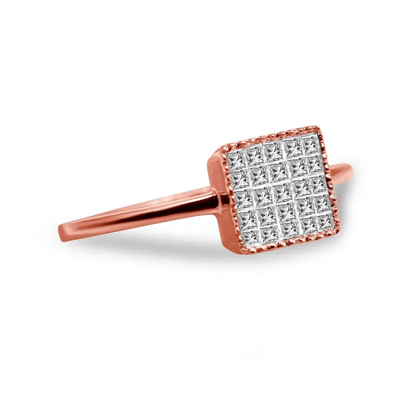 10K Rose Gold 1/3 Cttw Invisible Set Princess Cut Diamond Composite Square Shape Ring for Women (H-I color, I1-I2 clarity) Luxcom