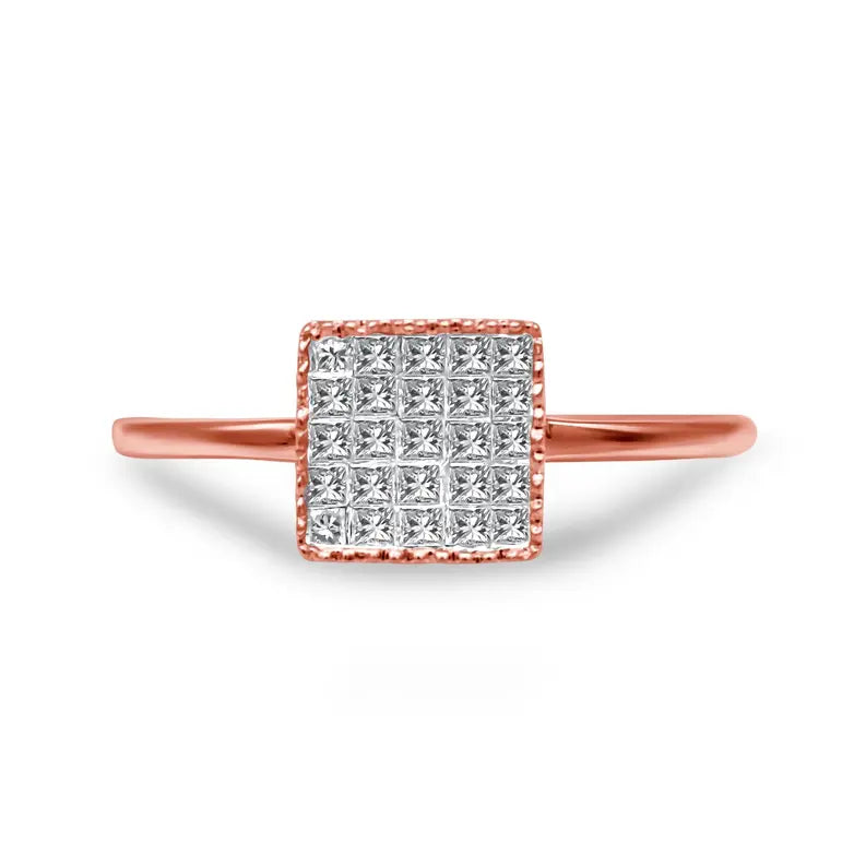 10K Rose Gold 1/3 Cttw Invisible Set Princess Cut Diamond Composite Square Shape Ring for Women (H-I color, I1-I2 clarity) Luxcom