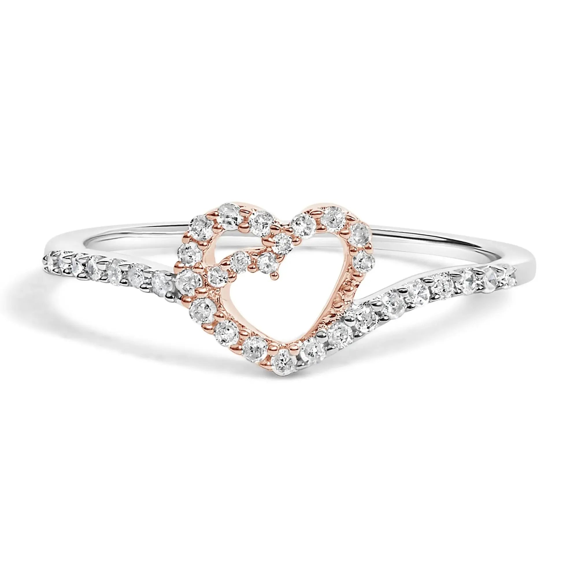 10K Rose Gold over .925 Sterling Silver 1/5 Cttw Diamond Two Tone Open Heart Promise or Fashion Ring (I-J Color, I2-I3 Clarity) Infinite Jewels
