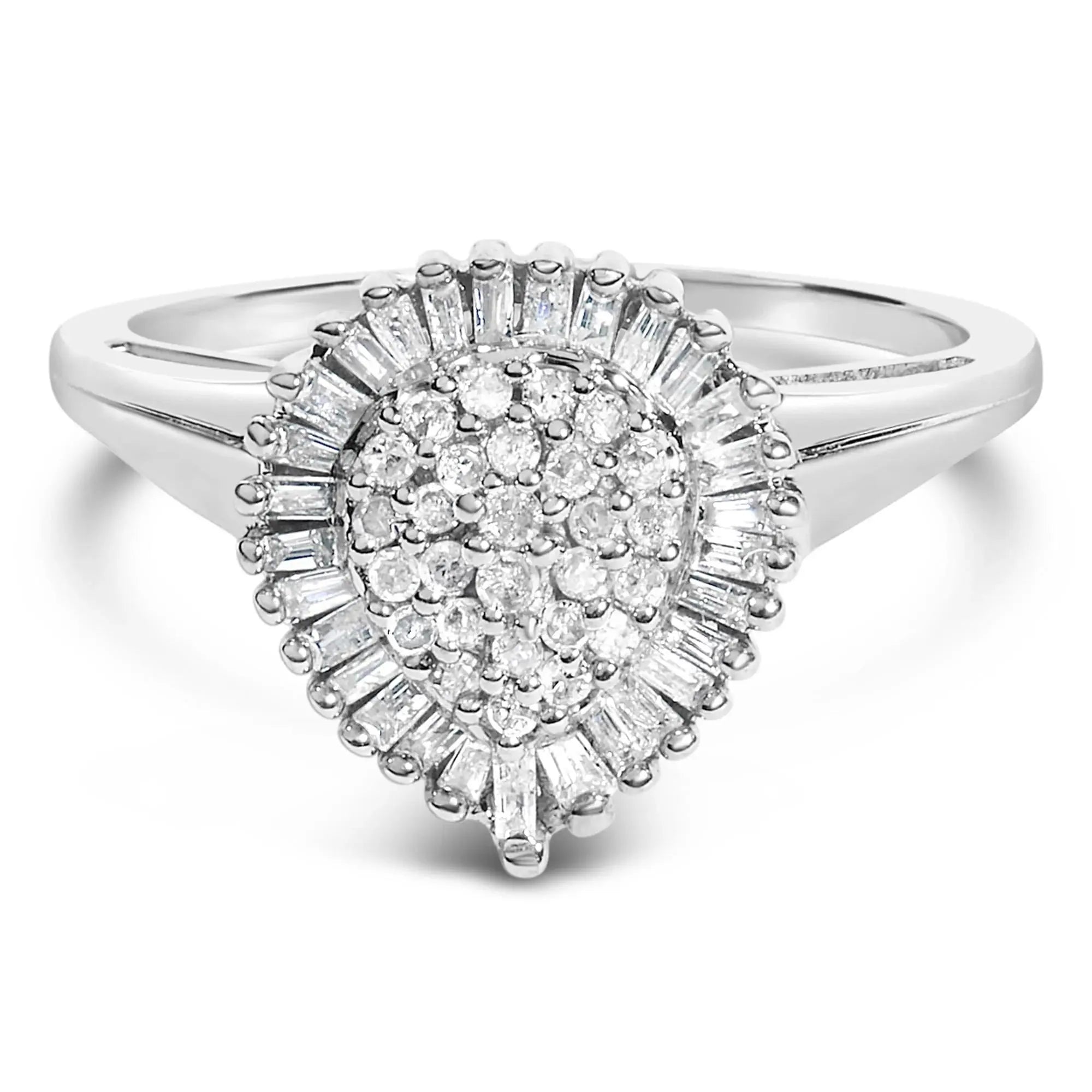 10K White Gold 1/2 Cttw Round & Baguette Cut Diamond Pear Shaped Domed Pavé Cluster with Halo Cocktail Ring (H-I Color, SI1-SI2 Clarity) Infinite Jewels