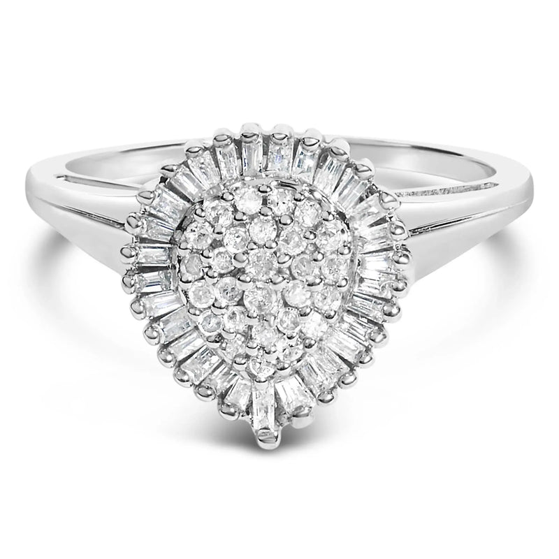 10K White Gold 1/2 Cttw Round & Baguette Cut Diamond Pear Shaped Domed Pavé Cluster with Halo Cocktail Ring (H-I Color, SI1-SI2 Clarity) Infinite Jewels