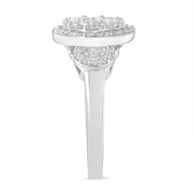10K White Gold 1.0 Cttw Diamond Oval Cluster with Halo Vintage-Inspired Art Deco Buckle Style Statement Ring (G-H Color, SI1-SI2 Clarity) Luxcom