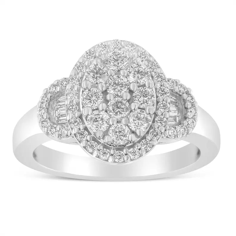 10K White Gold 1.0 Cttw Diamond Oval Cluster with Halo Vintage-Inspired Art Deco Buckle Style Statement Ring (G-H Color, SI1-SI2 Clarity) Luxcom