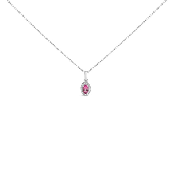 10K White Gold 5x3mm Gemstone and Diamond Accent Halo Oval Shape 18" Pendant Necklace (I-J Color, I1-I2 Clarity) Infinite Jewels