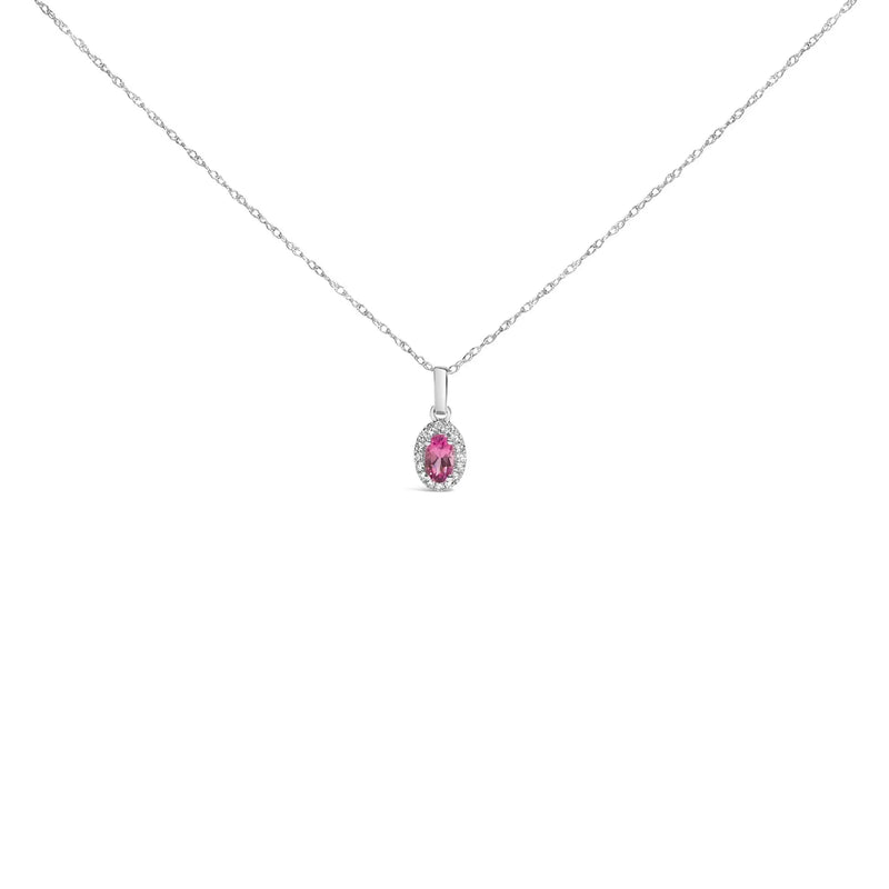10K White Gold 5x3mm Gemstone and Diamond Accent Halo Oval Shape 18" Pendant Necklace (I-J Color, I1-I2 Clarity) Infinite Jewels