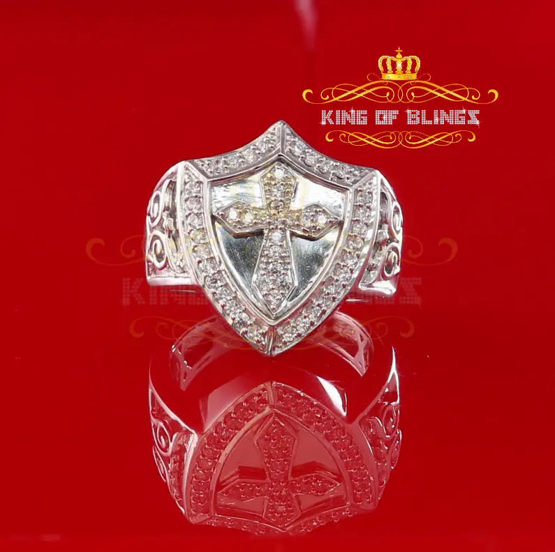 10K White Gold Finish Lab Created Diamond Silver Shield Cross Men's Ring Size 10 King Of Bling
