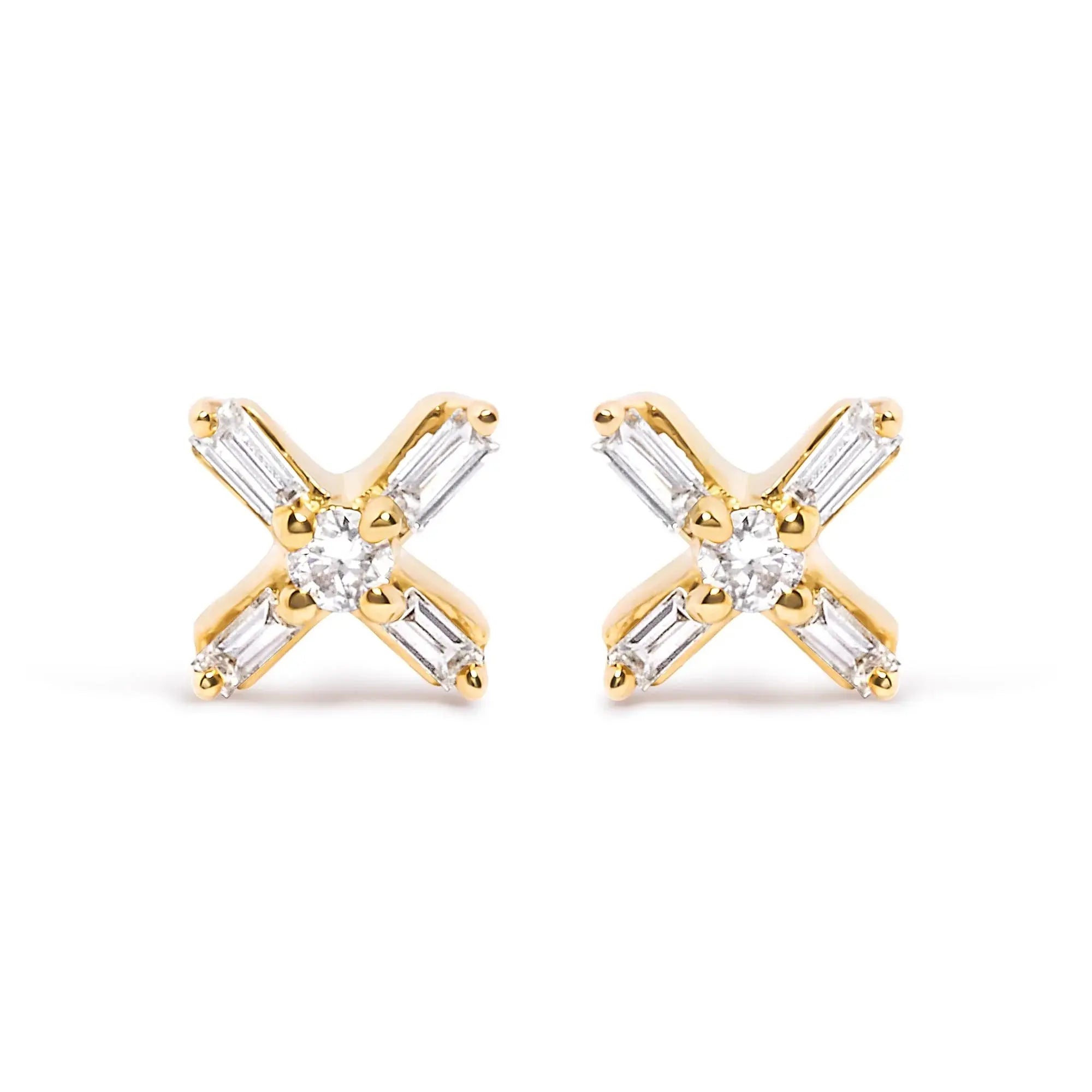 10K Yellow Gold 1/10 Cttw Round and Baguette Diamond Criss Cross X Stud Earring (H-I Color, I1-I2 Clarity) Infinite Jewels
