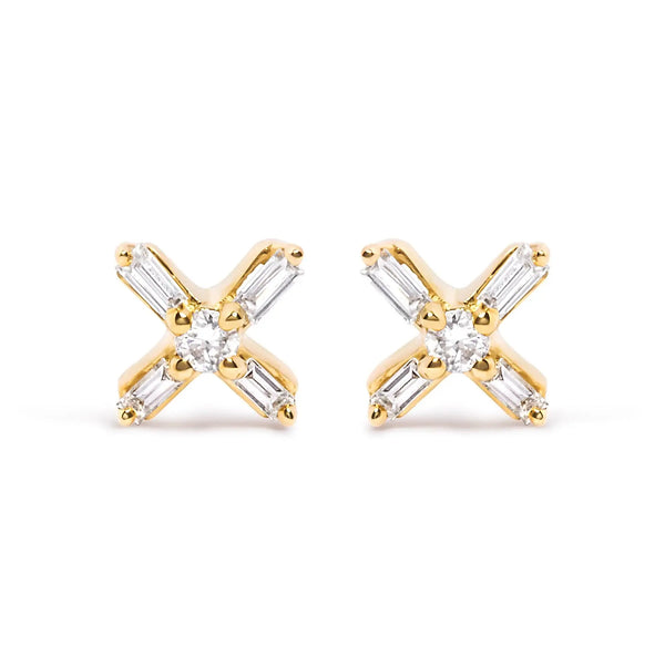 10K Yellow Gold 1/10 Cttw Round and Baguette Diamond Criss Cross X Stud Earring (H-I Color, I1-I2 Clarity) Infinite Jewels