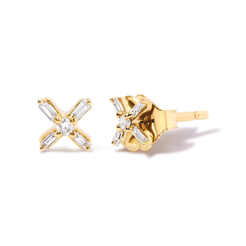 10K Yellow Gold 1/10 Cttw Round and Baguette Diamond Criss Cross X Stud Earring (H-I Color, I1-I2 Clarity) Infinite Jewels