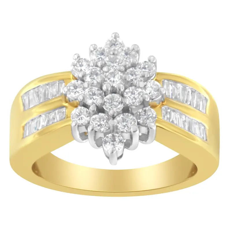 10K Yellow Gold 1.0 Cttw Round & Baguette Cut Diamond Floral Cluster Double-Channel Flared Band Statement Ring (H-I Color, SI2-I1 Clarity) Luxcom