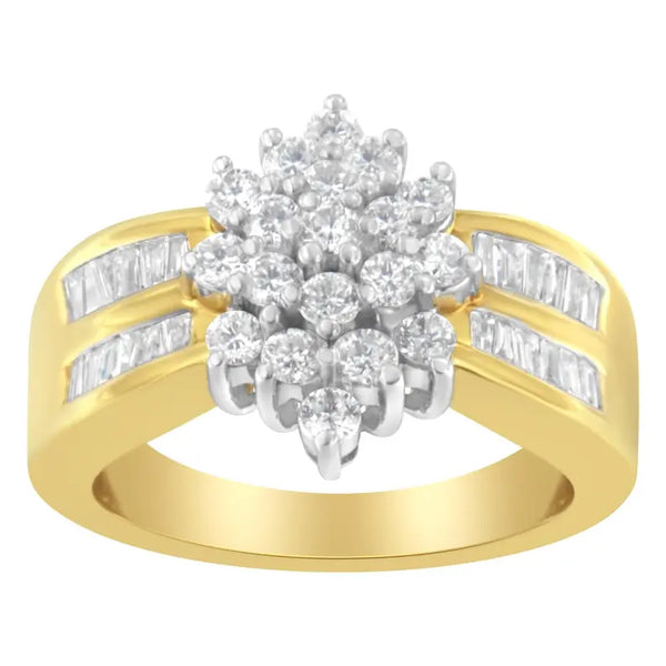 10K Yellow Gold 1.0 Cttw Round & Baguette Cut Diamond Floral Cluster Double-Channel Flared Band Statement Ring (H-I Color, SI2-I1 Clarity) Luxcom