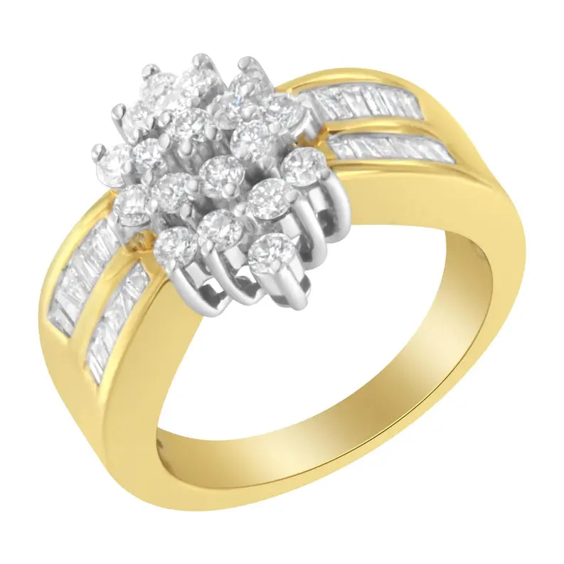 10K Yellow Gold 1.0 Cttw Round & Baguette Cut Diamond Floral Cluster Double-Channel Flared Band Statement Ring (H-I Color, SI2-I1 Clarity) Luxcom