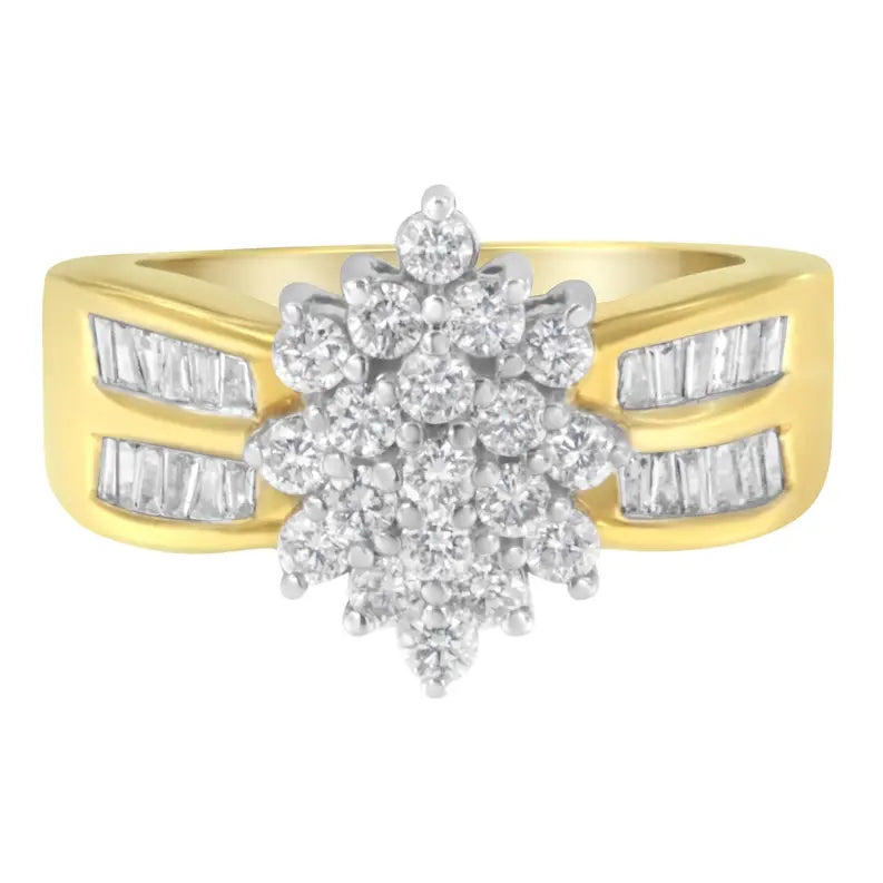 10K Yellow Gold 1.0 Cttw Round & Baguette Cut Diamond Floral Cluster Double-Channel Flared Band Statement Ring (H-I Color, SI2-I1 Clarity) Luxcom
