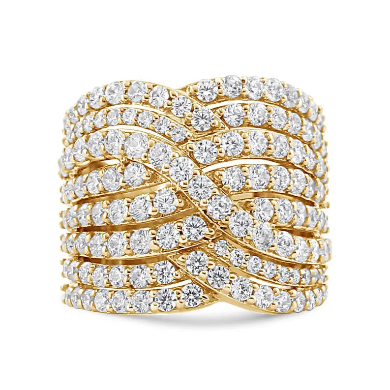 10K Yellow Gold 3.0 Cttw Diamond Eight-Row Bypass Crossover Statement Band Ring (H-I Color, I2-I3 Clarity) Luxcom