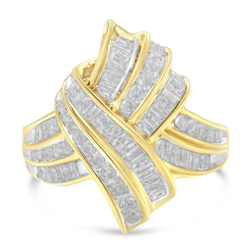 10K Yellow Gold Plated .925 Sterling Silver 1.0 Cttw Round & Baguette Diamond Knot Channel Statement Ring (I-J Color, I2-I3 Clarity) Luxcom