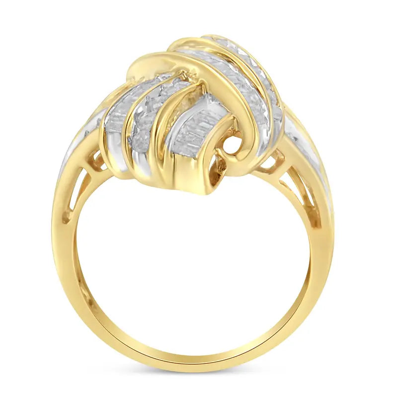 10K Yellow Gold Plated .925 Sterling Silver 1.0 Cttw Round & Baguette Diamond Knot Channel Statement Ring (I-J Color, I2-I3 Clarity) Luxcom