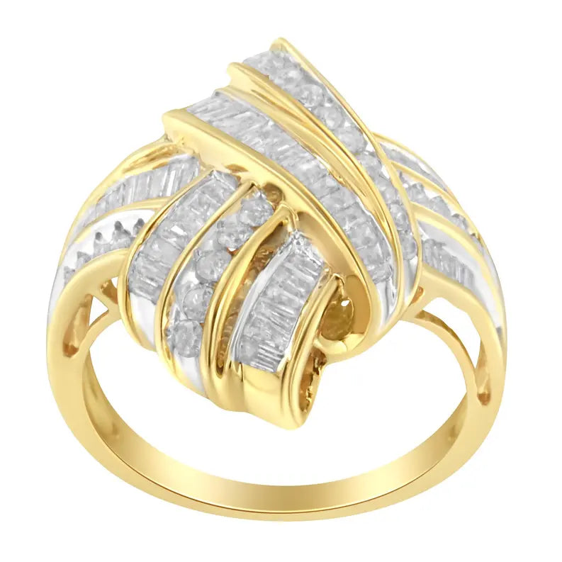 10K Yellow Gold Plated .925 Sterling Silver 1.0 Cttw Round & Baguette Diamond Knot Channel Statement Ring (I-J Color, I2-I3 Clarity) Luxcom