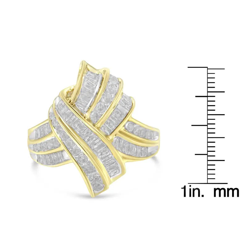 10K Yellow Gold Plated .925 Sterling Silver 1.0 Cttw Round & Baguette Diamond Knot Channel Statement Ring (I-J Color, I2-I3 Clarity) Luxcom