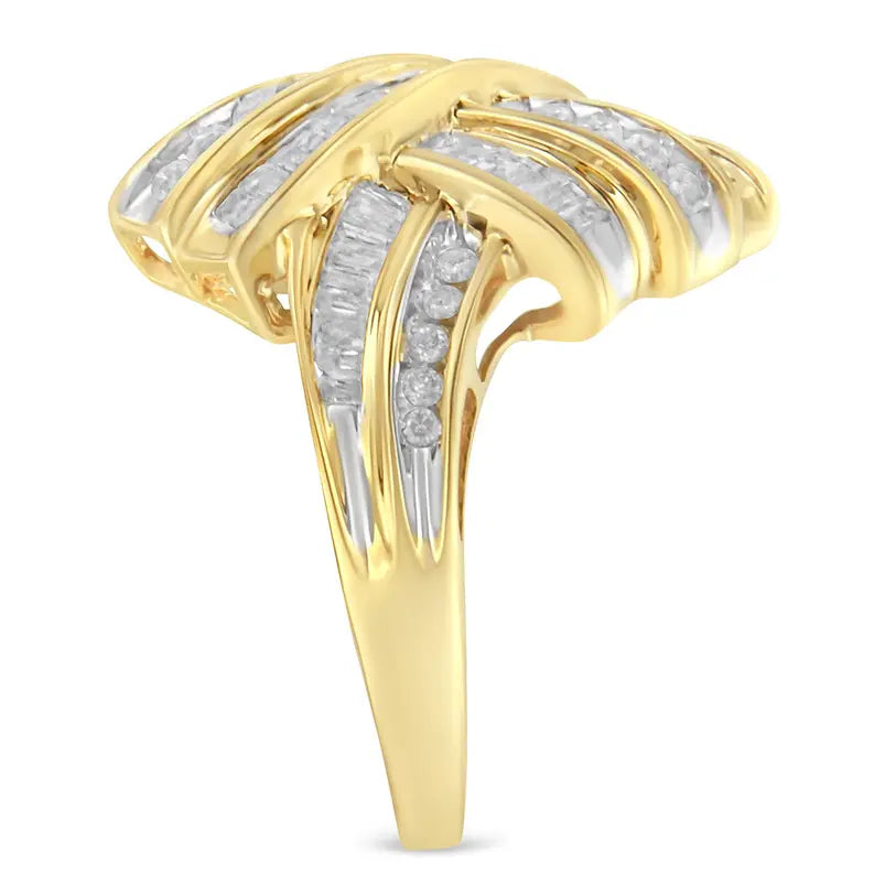 10K Yellow Gold Plated .925 Sterling Silver 1.0 Cttw Round & Baguette Diamond Knot Channel Statement Ring (I-J Color, I2-I3 Clarity) Luxcom