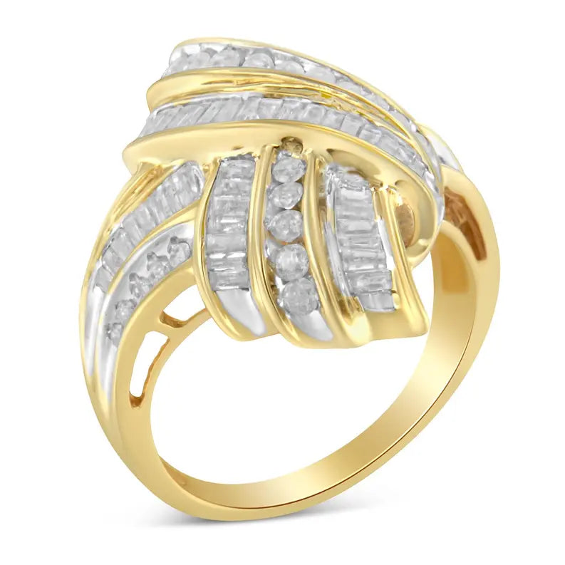 10K Yellow Gold Plated .925 Sterling Silver 1.0 Cttw Round & Baguette Diamond Knot Channel Statement Ring (I-J Color, I2-I3 Clarity) Luxcom