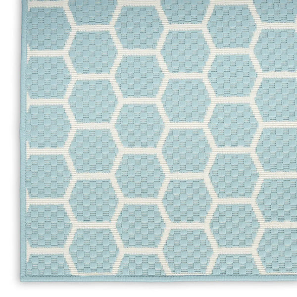 10' Aqua And White Geometric Indoor Outdoor Runner Rug Homeroots Outdoor
