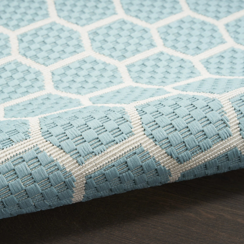 10' Aqua And White Geometric Indoor Outdoor Runner Rug Homeroots Outdoor