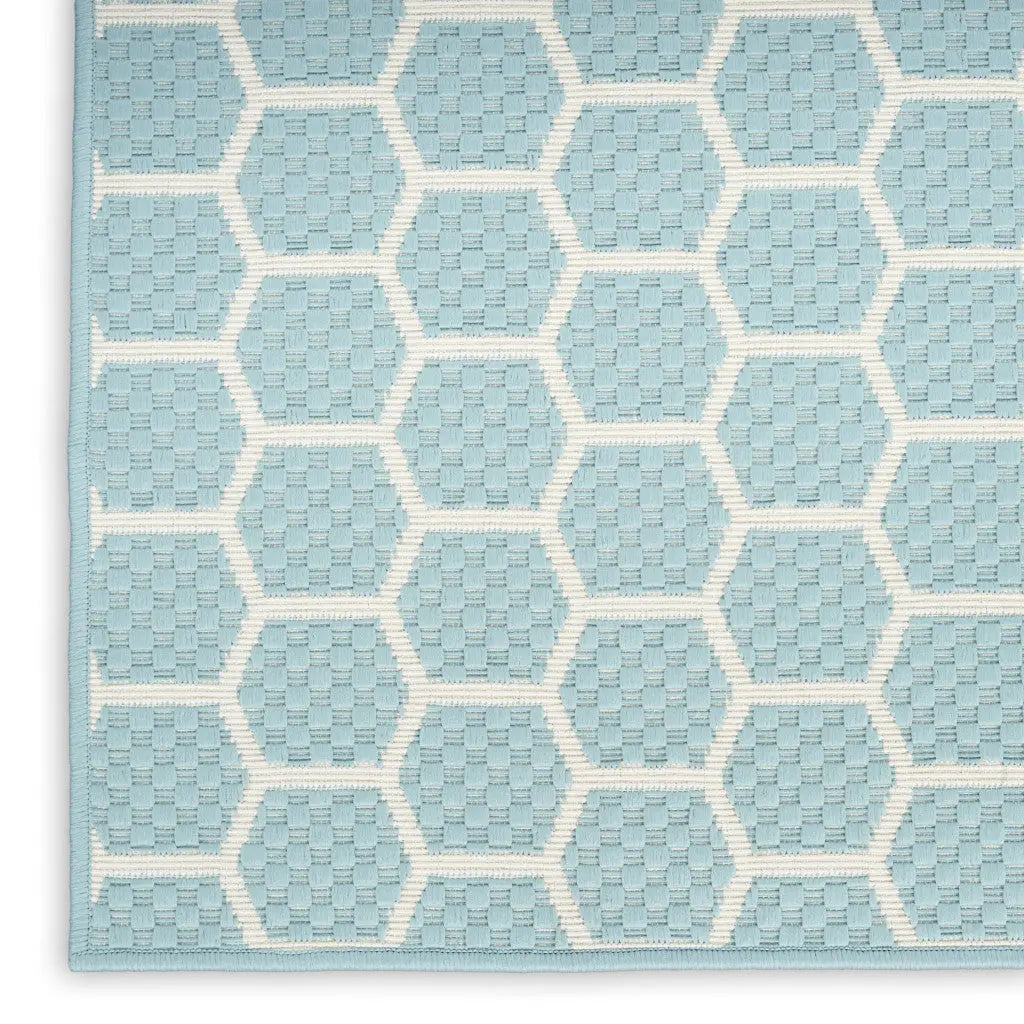 10' Aqua And White Geometric Indoor Outdoor Runner Rug Homeroots Outdoor