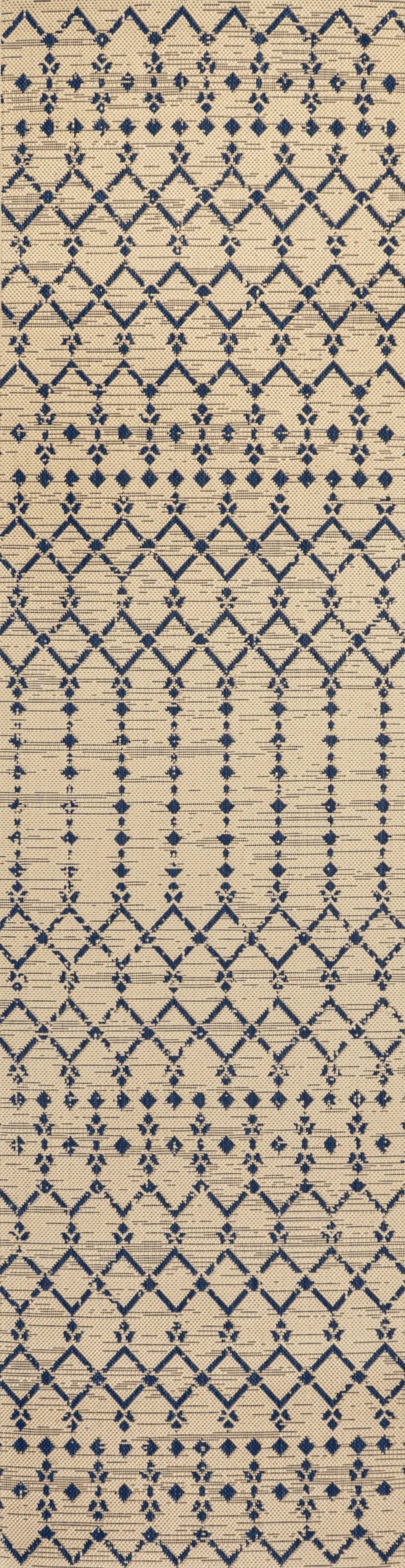 10' Beige And Navy Blue Trellis Indoor Outdoor Runner Rug Homeroots Outdoor