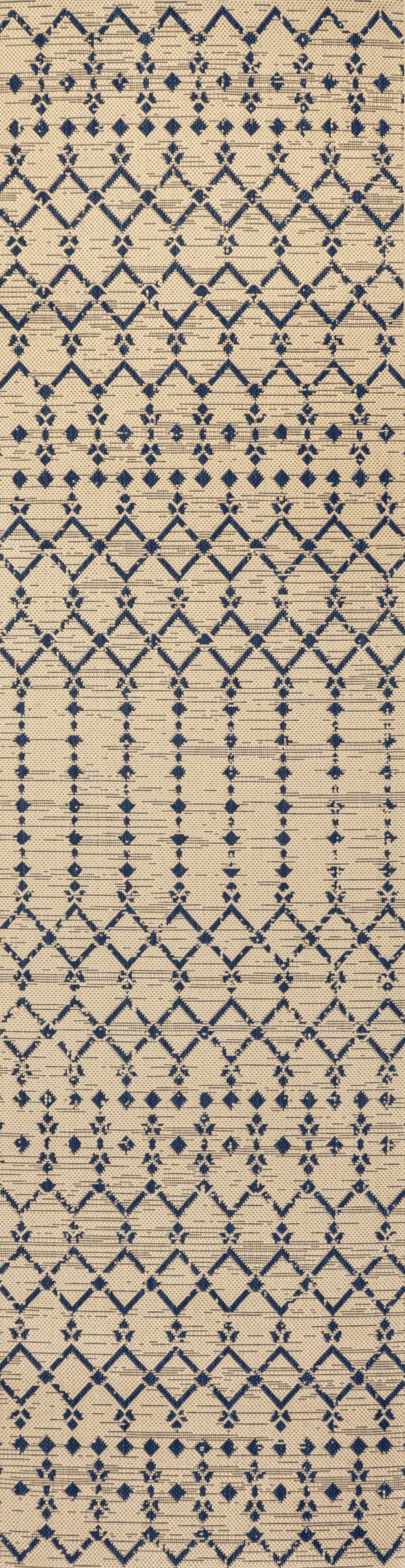 10' Beige And Navy Blue Trellis Indoor Outdoor Runner Rug Homeroots Outdoor