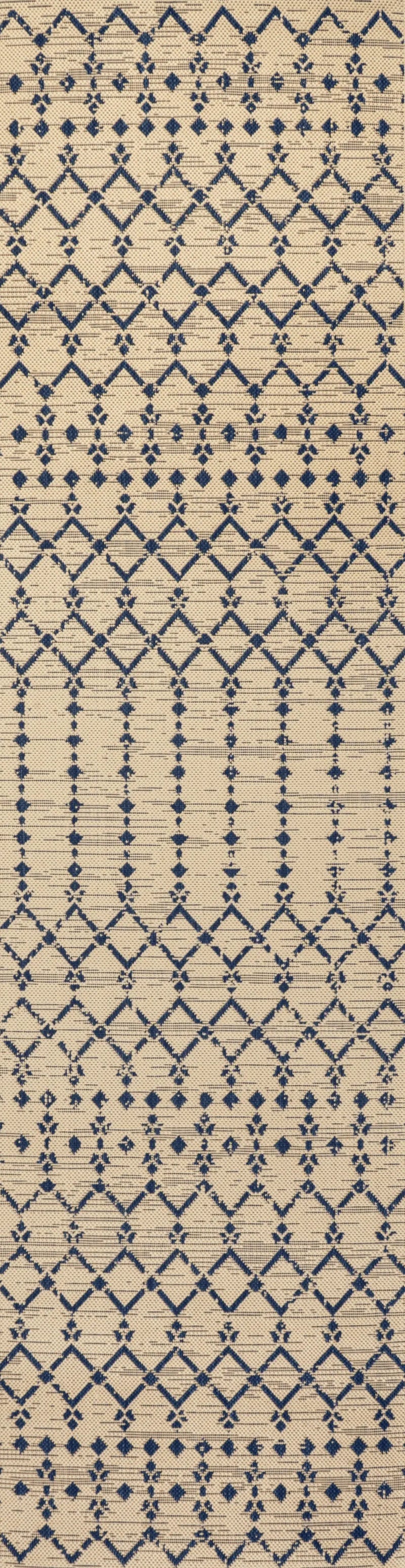 10' Beige And Navy Blue Trellis Indoor Outdoor Runner Rug Homeroots Outdoor