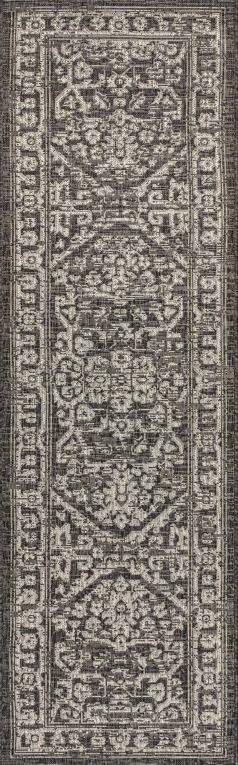 10' Black And Gray Medallion Indoor Outdoor Runner Rug Homeroots Outdoor