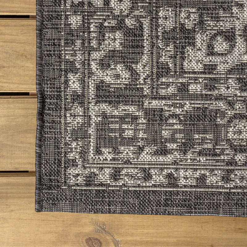 10' Black And Gray Medallion Indoor Outdoor Runner Rug Homeroots Outdoor