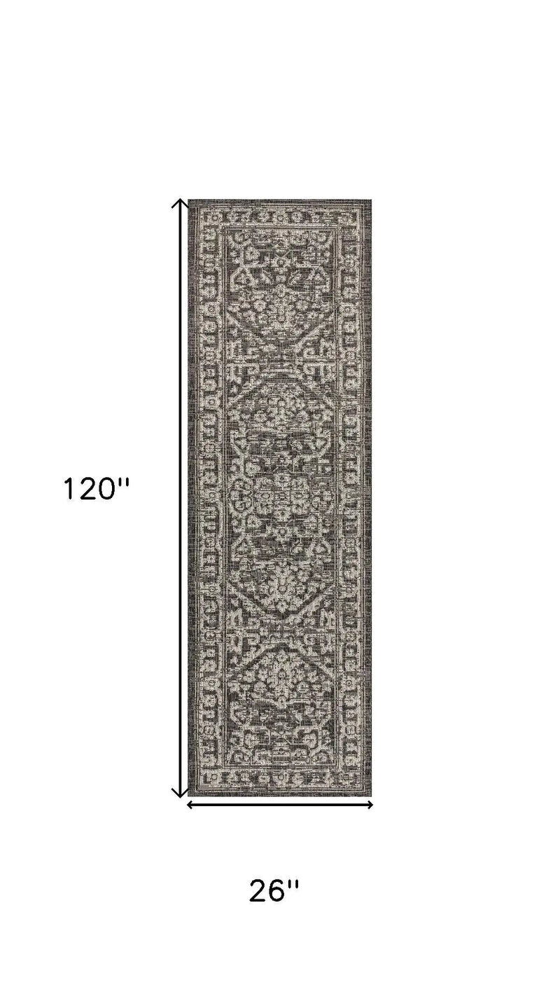 10' Black And Gray Medallion Indoor Outdoor Runner Rug Homeroots Outdoor