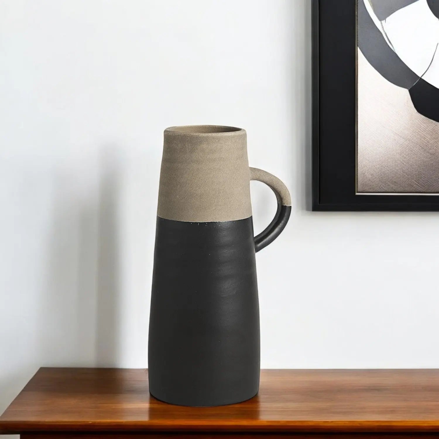 10" Black And Natural Color Block Cylinder Ceramic Jug Vase Homeroots Home Decor