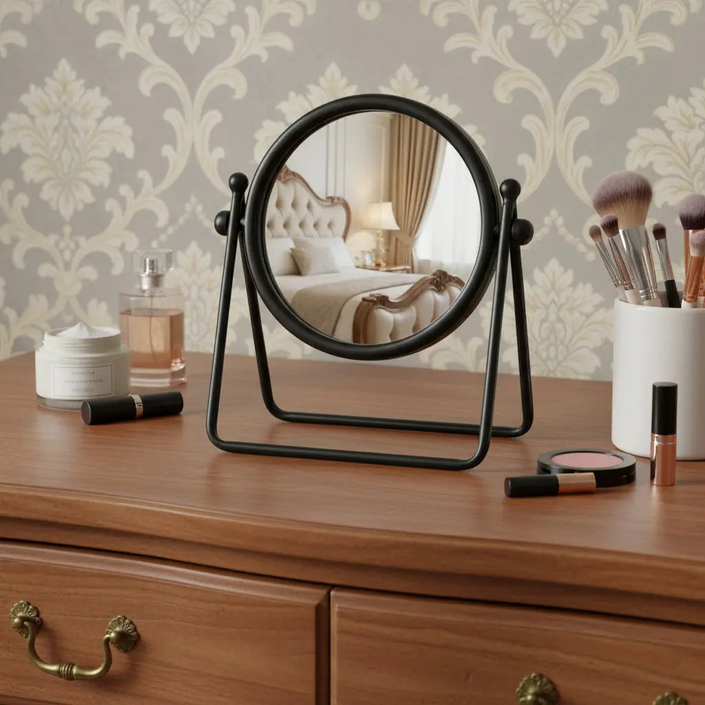 10" Black Metal Round Framed Adjustable Makeup Shaving Tabletop Mirror Homeroots Bed & Bath