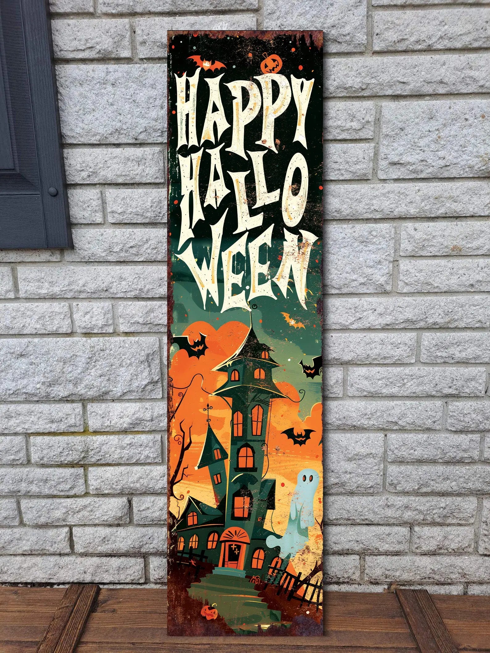 10" Black Orange Brown And Blue Solid Wood Happy Halloween Halloween Ghost Porch Sign Homeroots Outdoor