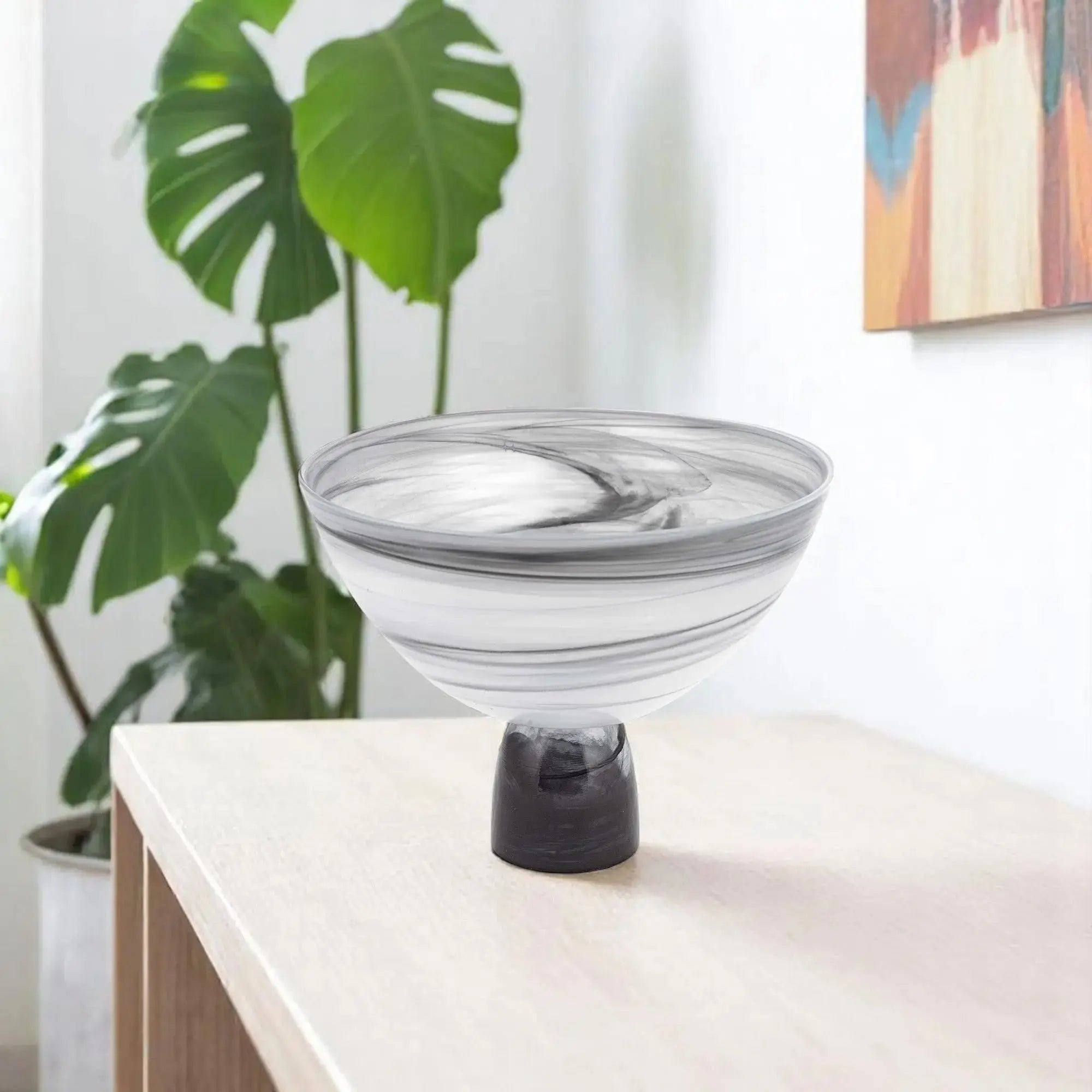 10" Black and Gray Swirl Mouth Blown Glass Footed Centerpiece Bowl Homeroots Kitchen & Dining