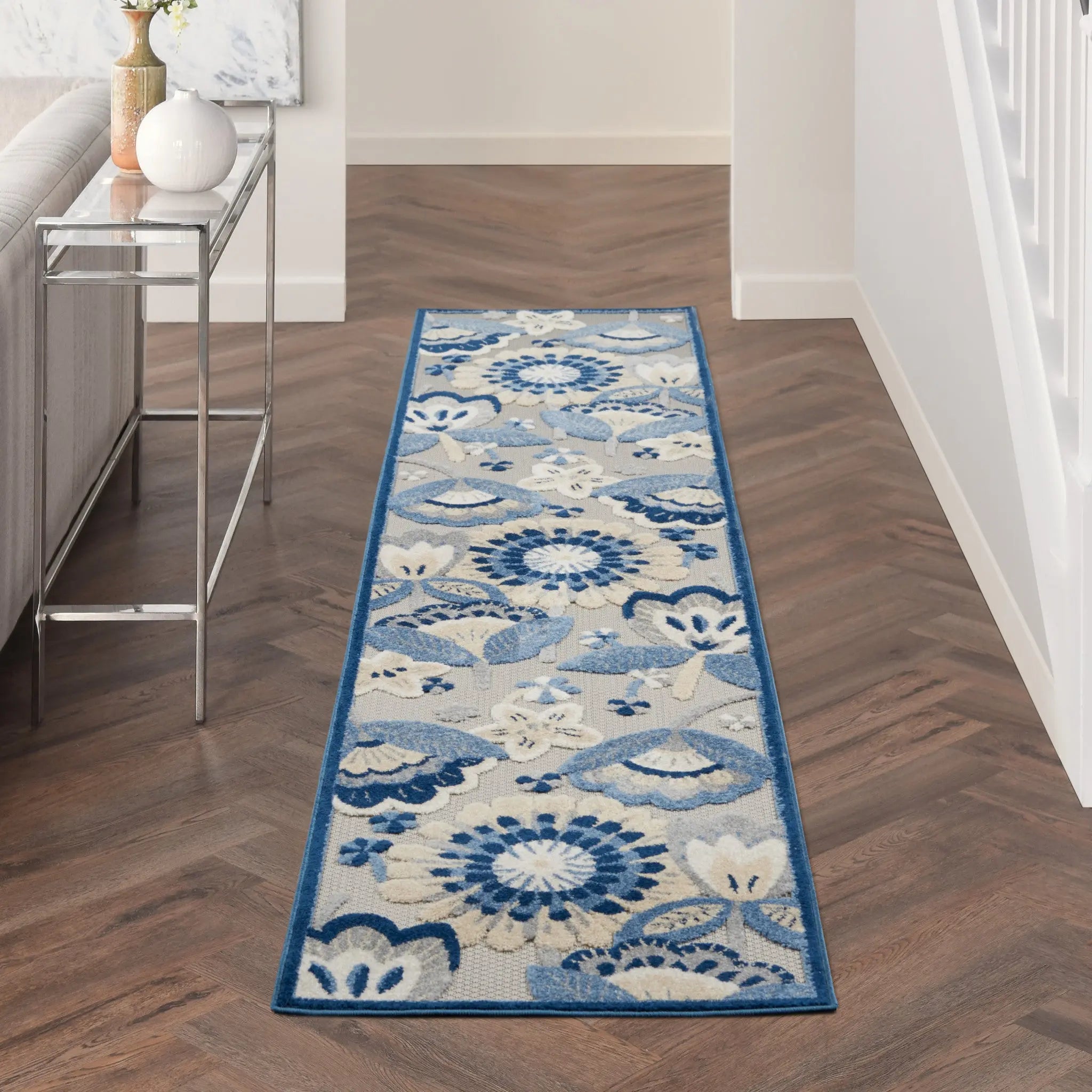 10' Blue And Gray Indoor Outdoor Runner Rug - GreatEagleInc