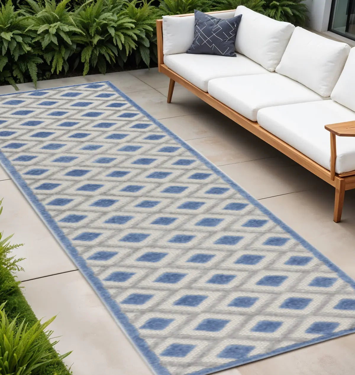 10' Blue And Gray Indoor Outdoor Runner Rug - GreatEagleInc