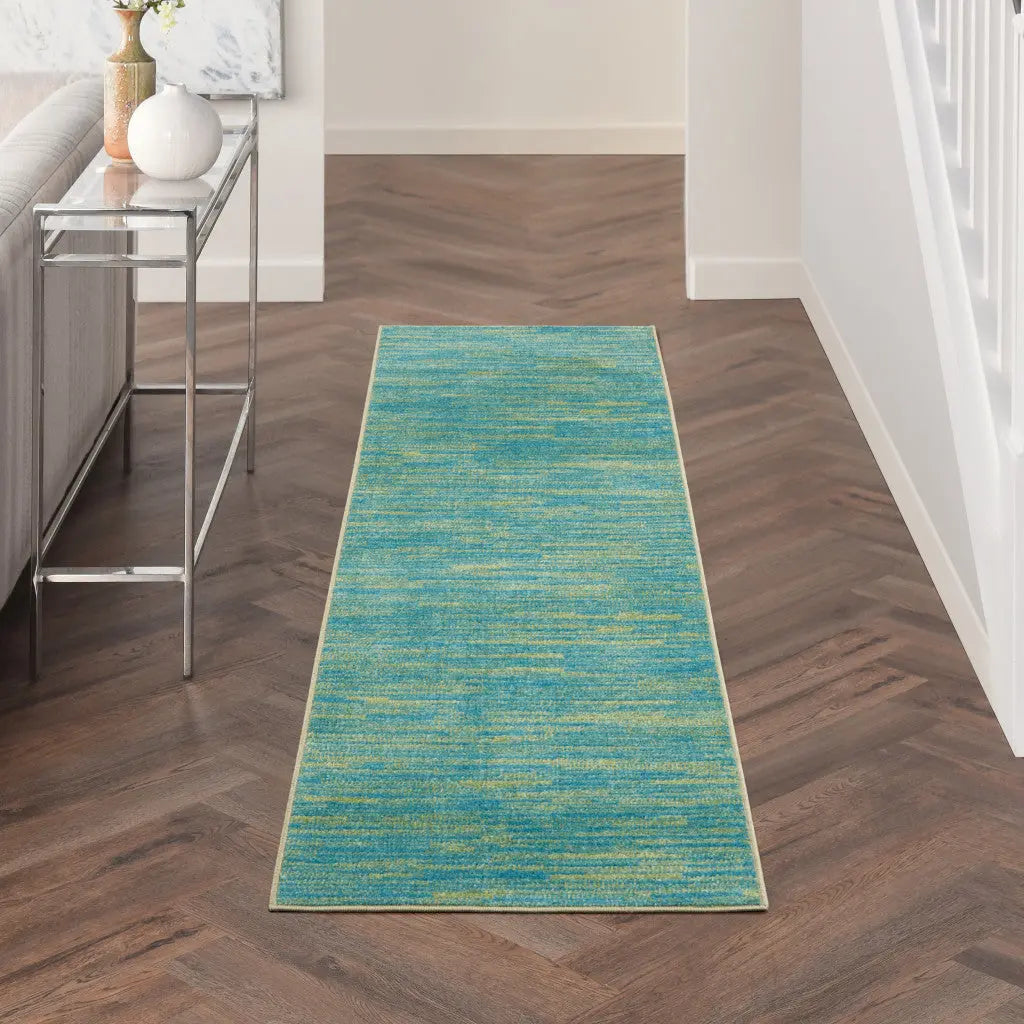 10' Blue And Green Indoor Outdoor Runner Rug - GreatEagleInc