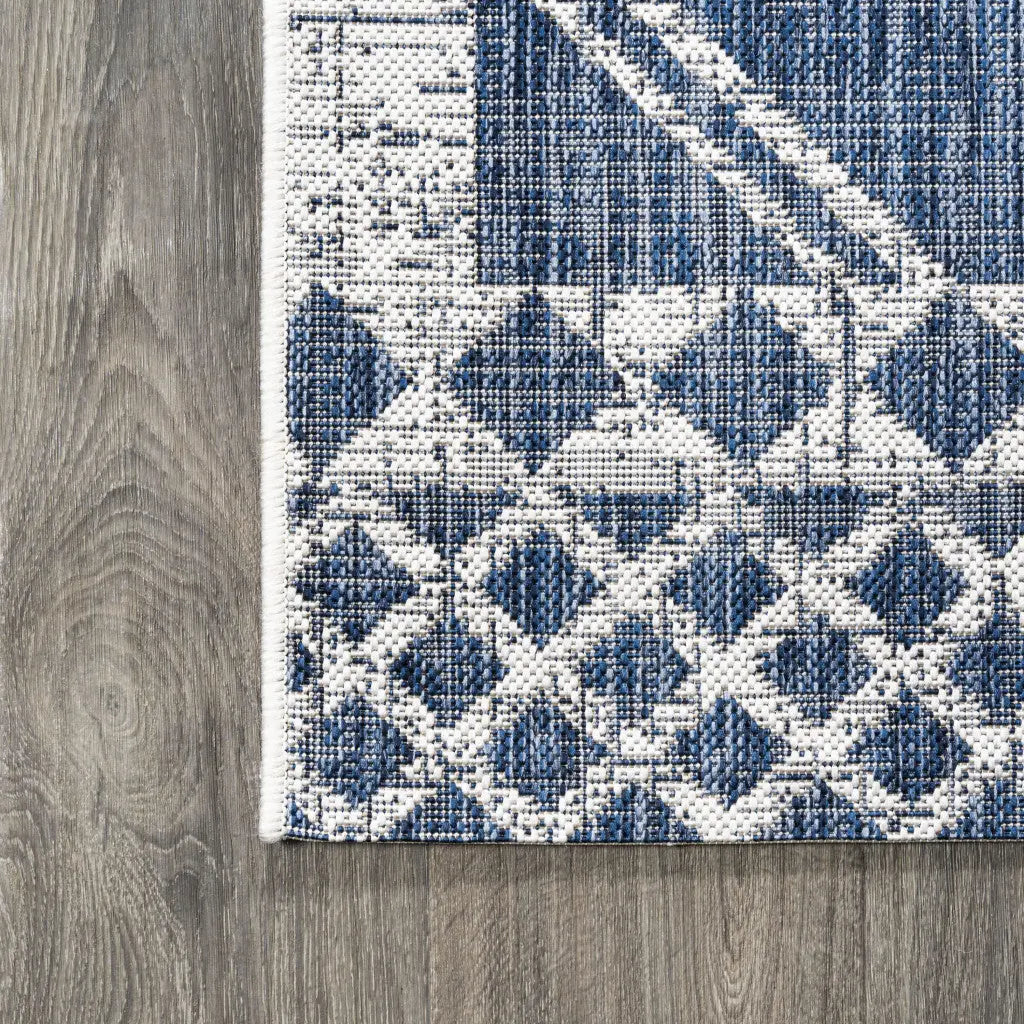 10' Blue And Ivory Moroccan Indoor Outdoor Runner Rug Homeroots Outdoor
