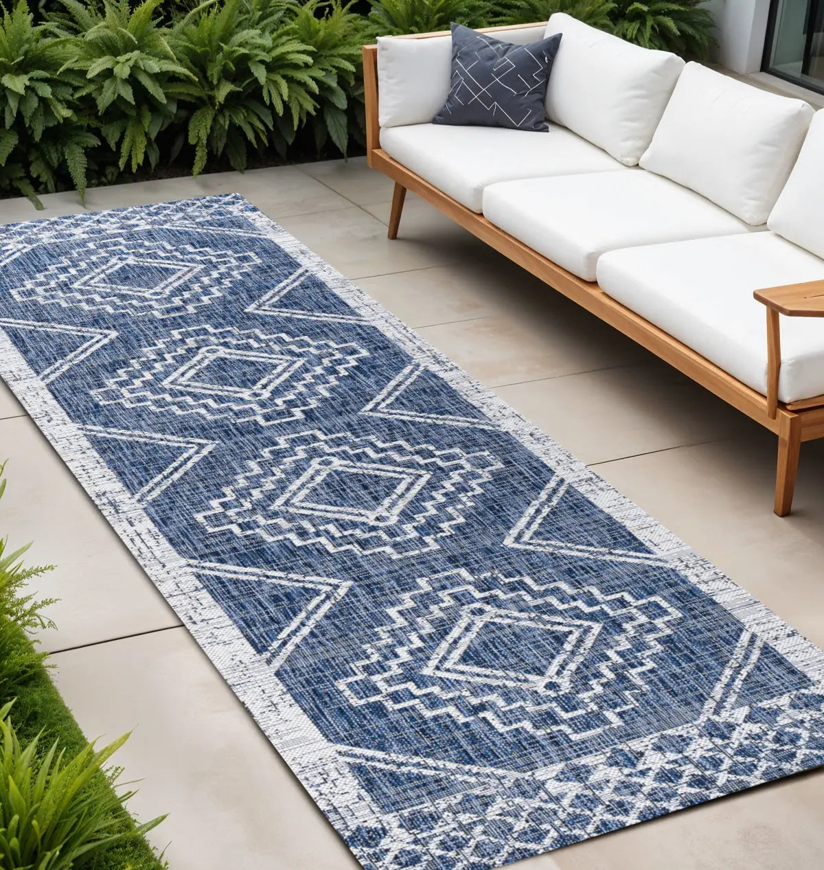 10' Blue And Ivory Moroccan Indoor Outdoor Runner Rug Homeroots Outdoor